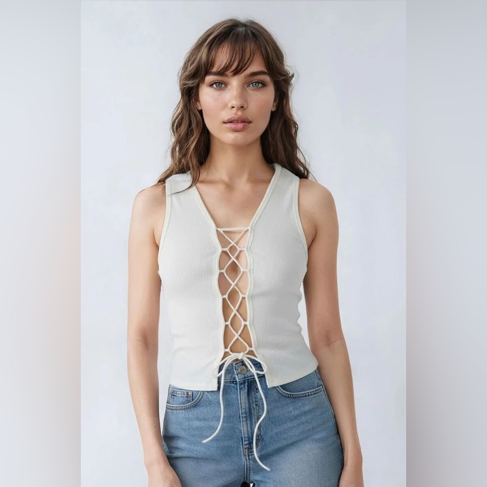 HYFVE Cream Pale Peach Lace Up Ribbed Crop Tank NWT